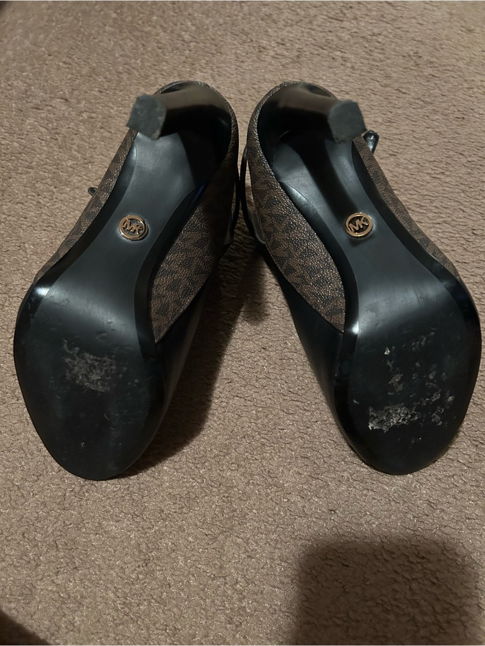Michael Kors Lawson Open Toe Black Leather Brown Signature Logo - Picture 5 of 6